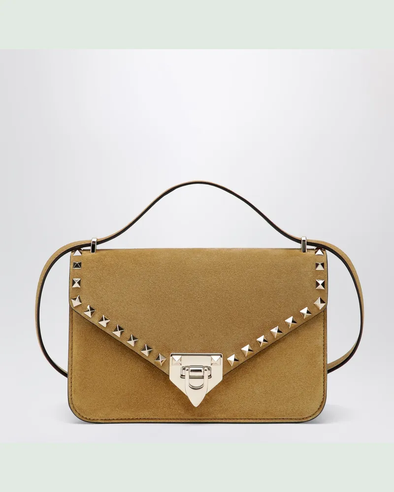 Valentino Garavani Kleine Rockstud Havana Umhängetasche aus beigem Veloursleder Beige