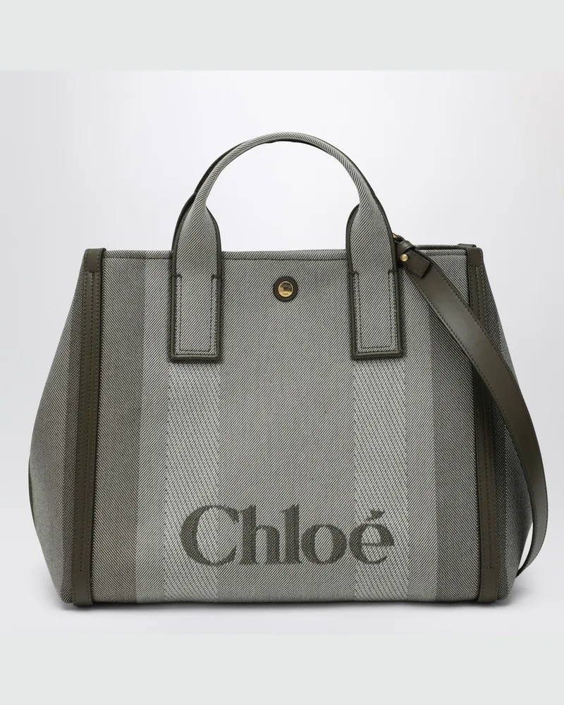 Chloé Carry Tote Bag aus dunkelgrün gestreiftem Canvas Blue