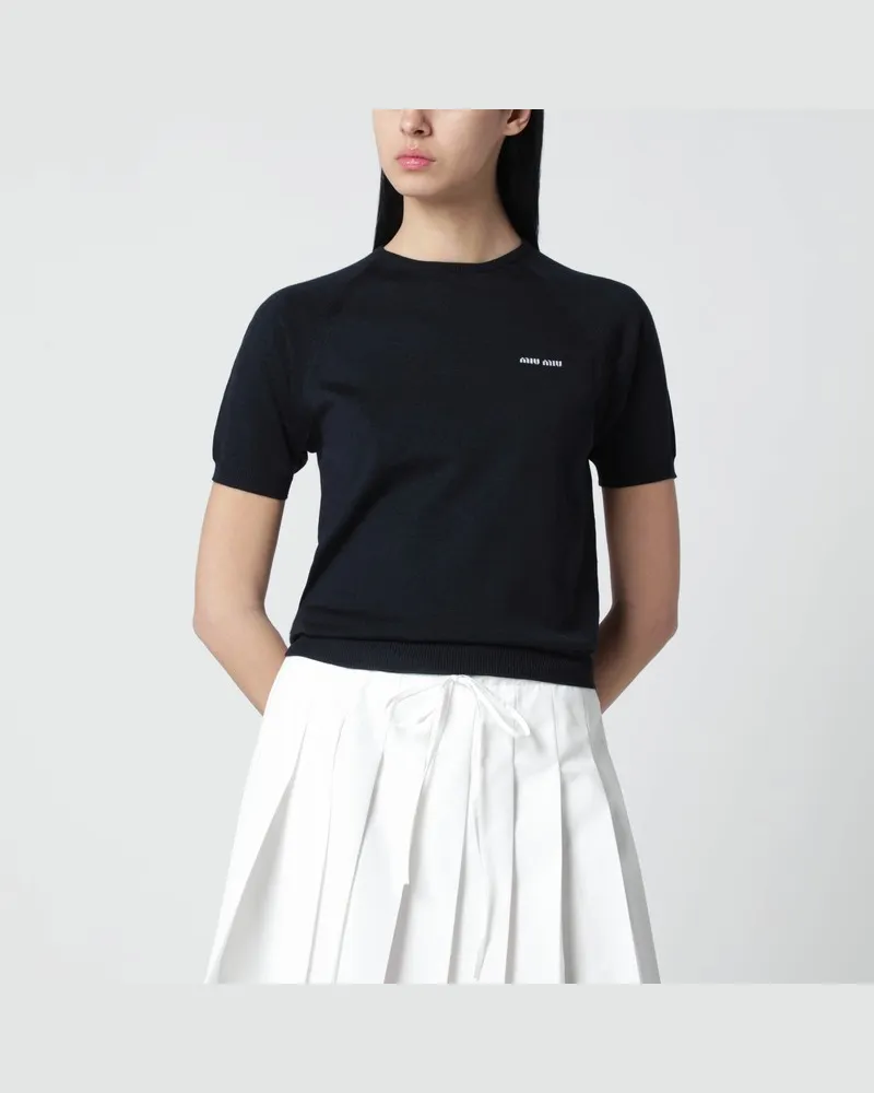 Miu Miu Blauer Pullover aus Wolle mit Intarsien-Logo Blau