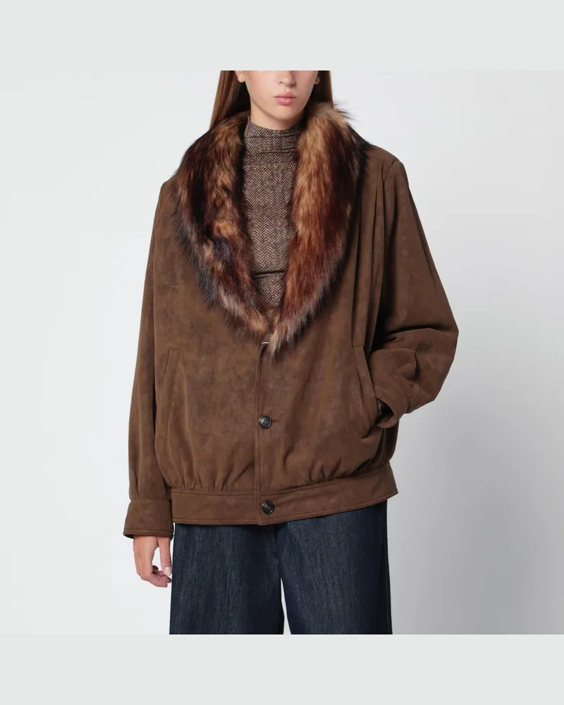 Maison Margiela Braune Jacke in Velourslederoptik mit Kunstpelzkragen Brown