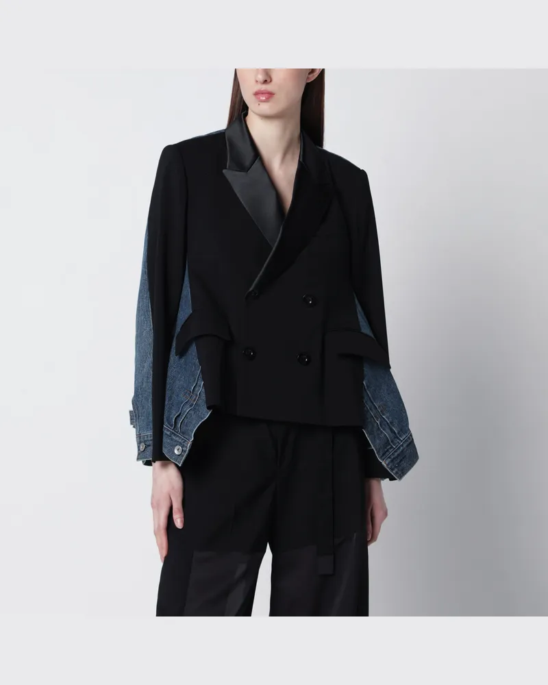 Sacai Doppelreihige Jacke aus Wolle und Denim Black