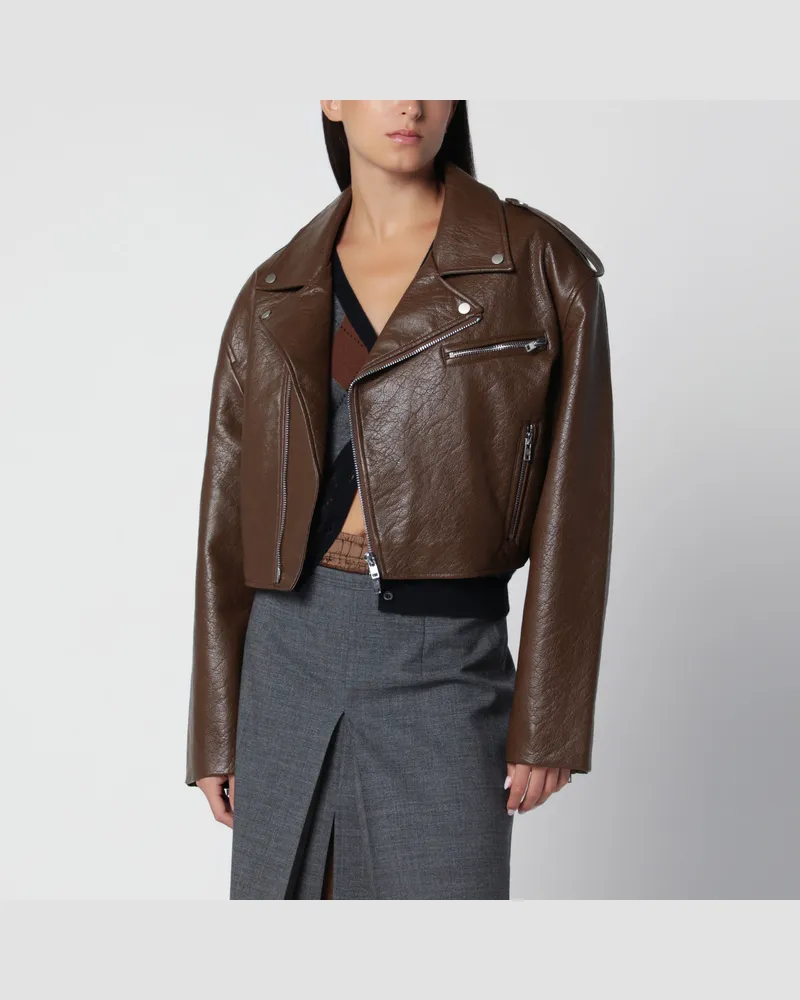 FRANKIE Shop Braune cropped Bikerjacke aus Kunstleder Brown