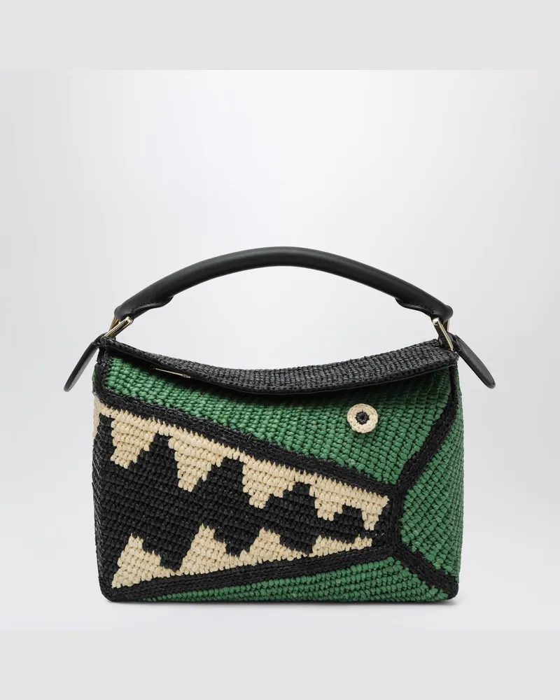 Loewe Kleine Puzzle Edge Tasche aus Raffia und Kalbsleder in Schwarz/Grün Black