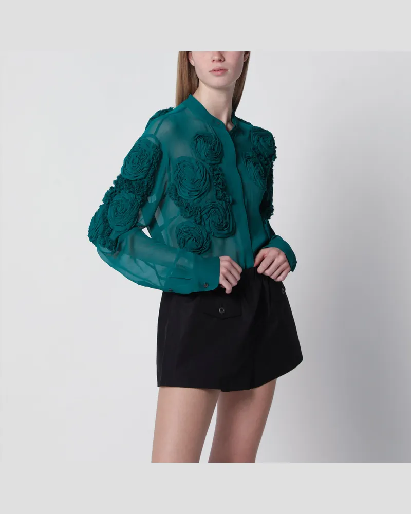 Dries van Noten Petrolgrünes Hemd mit erhabenen Rosen Green