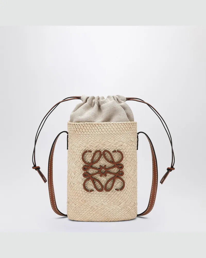 Loewe Quadratische Tasche aus Iraca-Palme und Leder Beige