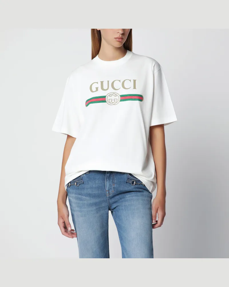 Gucci T-Shirt aus Baumwoll- und Seidenjersey mit Logoprint White
