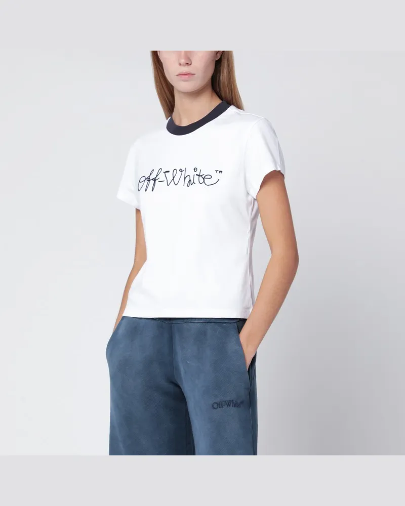 OFF-WHITE Weißes T-Shirt mit blauem gesticktem Logo Weiß