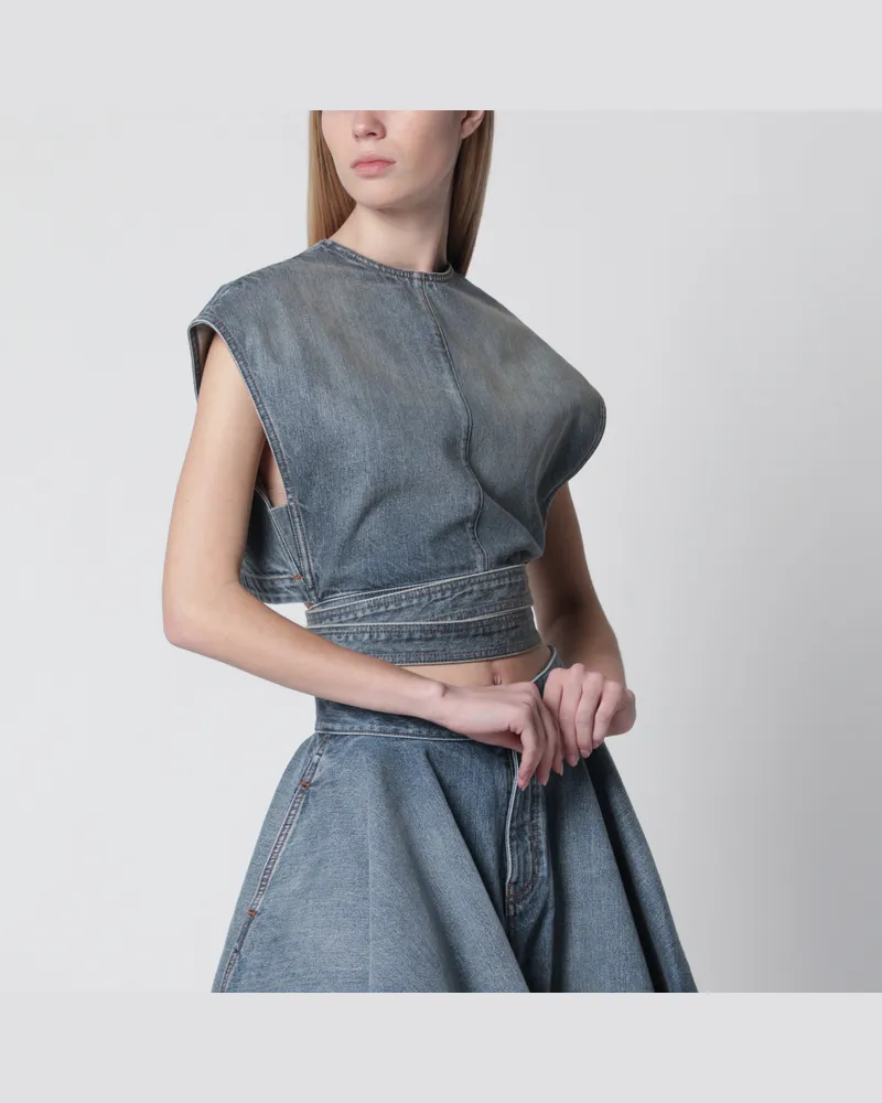 Alaïa Raw délavé denim belted sleeveless top in blue Blue