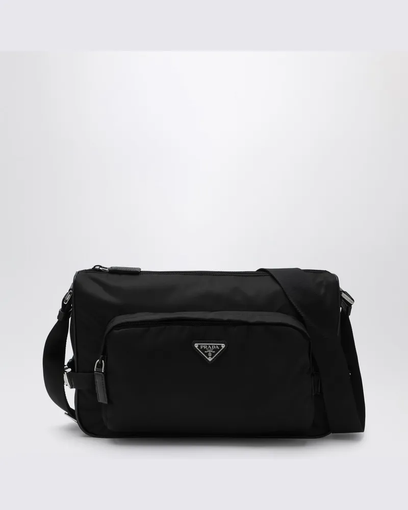 Prada Große schwarze Umhängetasche aus Re-Nylon und Saffiano Schwarz
