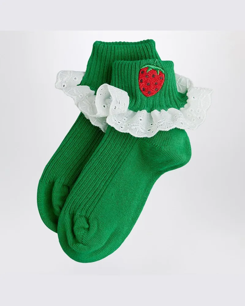 Mini Rodini Grüne Socken mit gestickten Erdbeeren und Spitze Grün