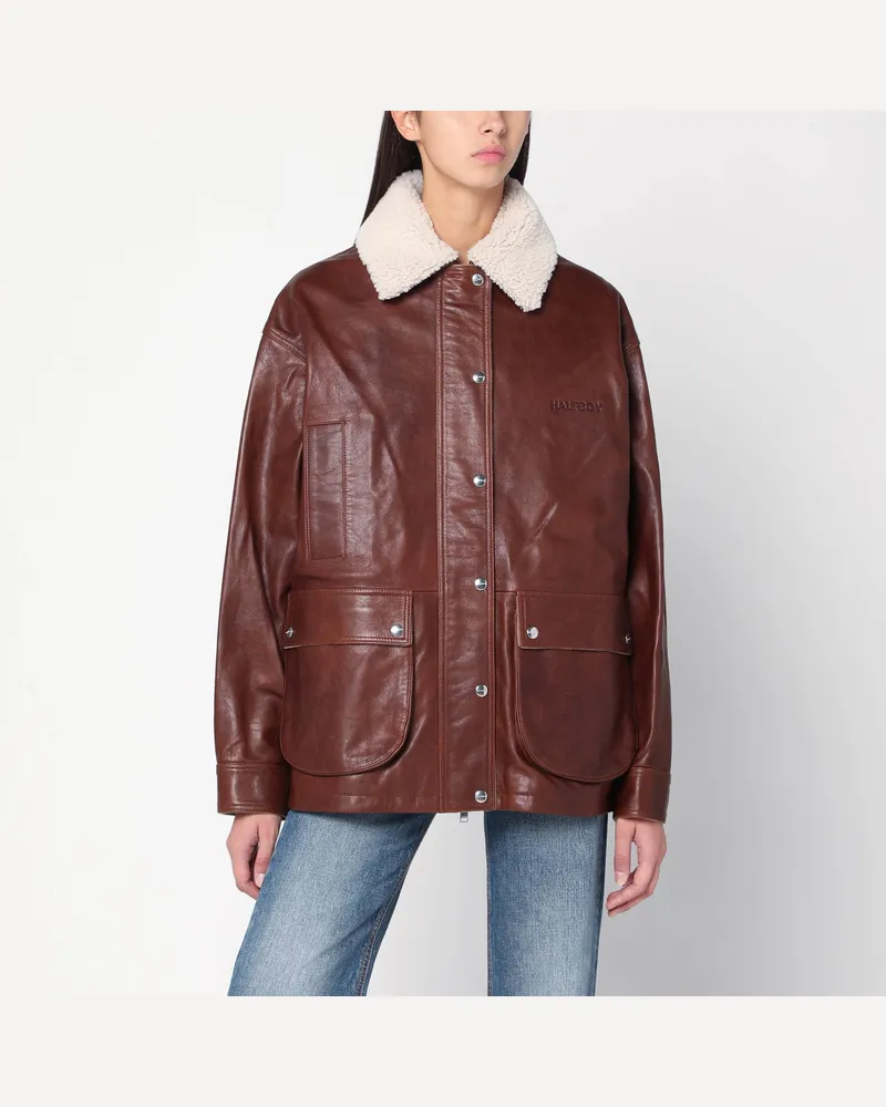 HALFBOY Braune Lederjacke mit Shearling-Kragen Brown