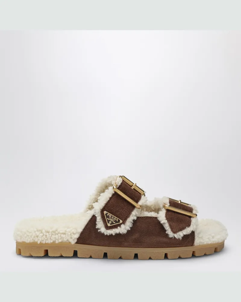 Prada Braune Sliders aus Wildleder und Lammfell 