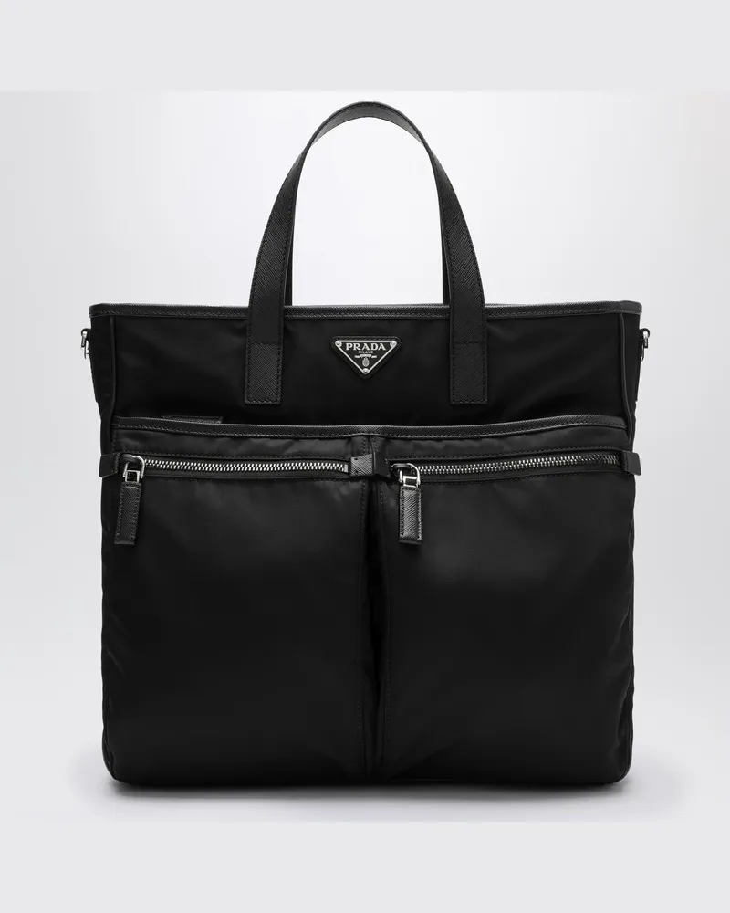 Prada Schwarze Einkaufstasche aus Re-Nylon und Saffiano Schwarz
