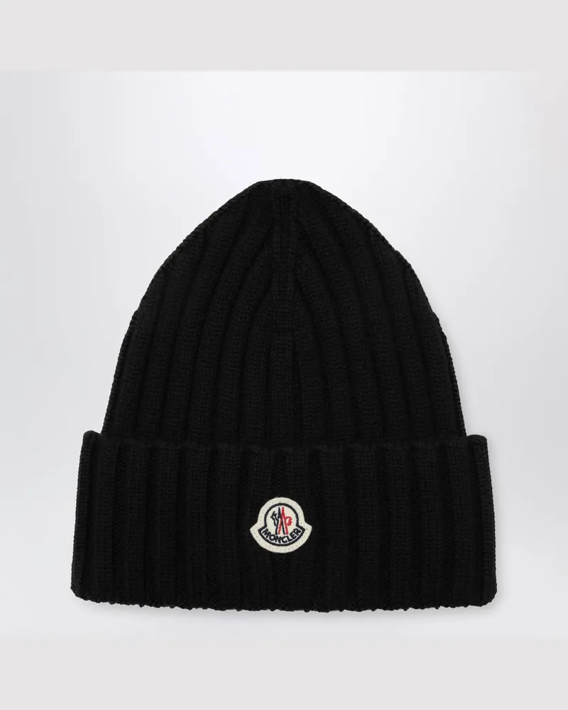 Moncler Schwarze Zopfmuster-Beanie aus Wolle mit Logo Black