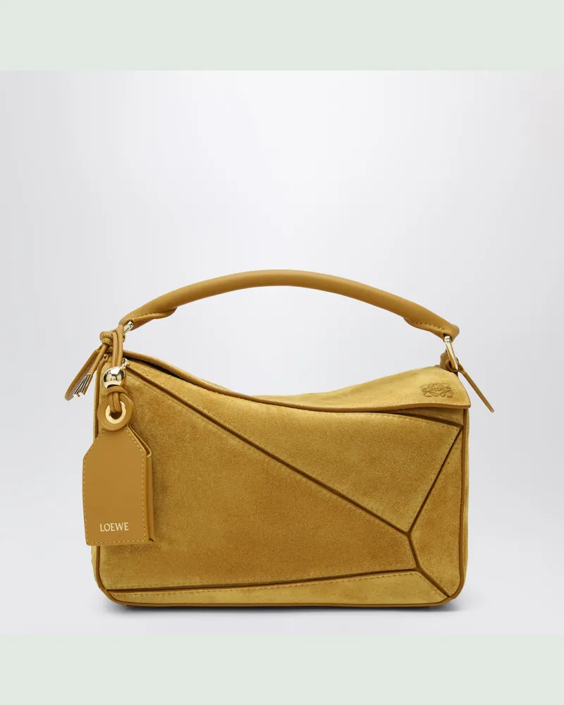 Loewe Ockerfarbene kleine Featherlight Puzzle Tasche aus Veloursleder Yellow