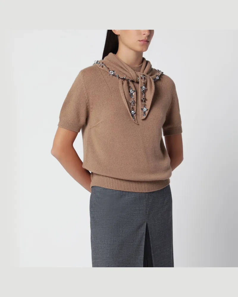 Prada Kaschmirpullover in Kamel mit Schmuckschal Beige