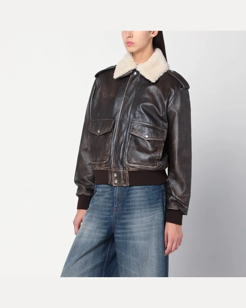 HALFBOY Braune Lederbomberjacke mit Shearling-Kragen Braun
