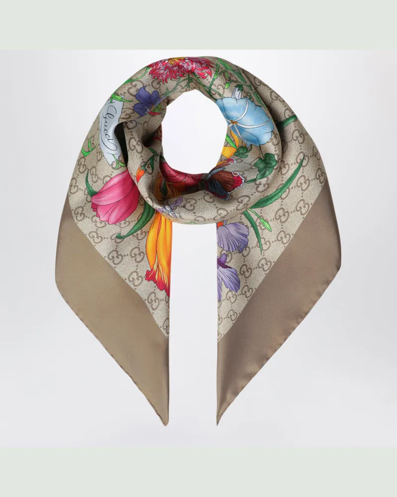 Gucci Carré aus Seidentwill mit GG Flora-Print in Hellbraun Multicolor