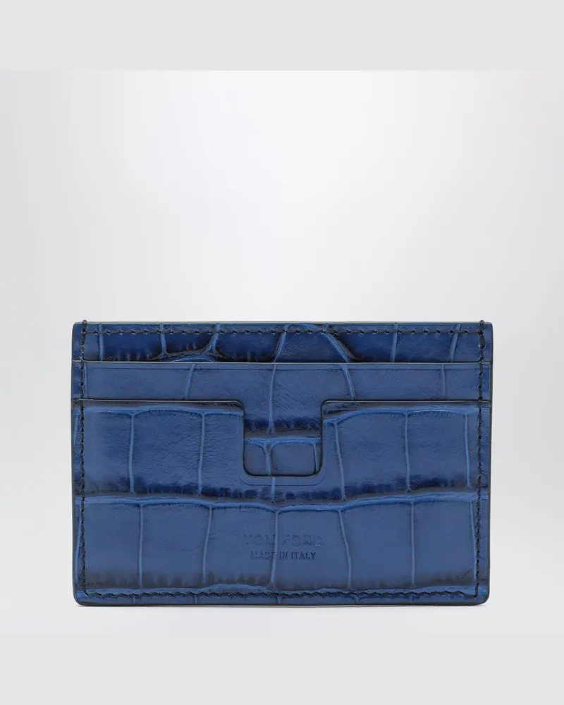 Tom Ford Kartenetui aus blauem glänzendem Leder in Krokodiloptik Blue