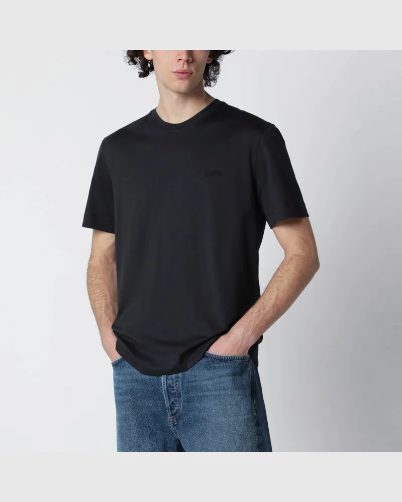 Ermenegildo Zegna Marineblaues T-Shirt mit gesticktem Logo Blau