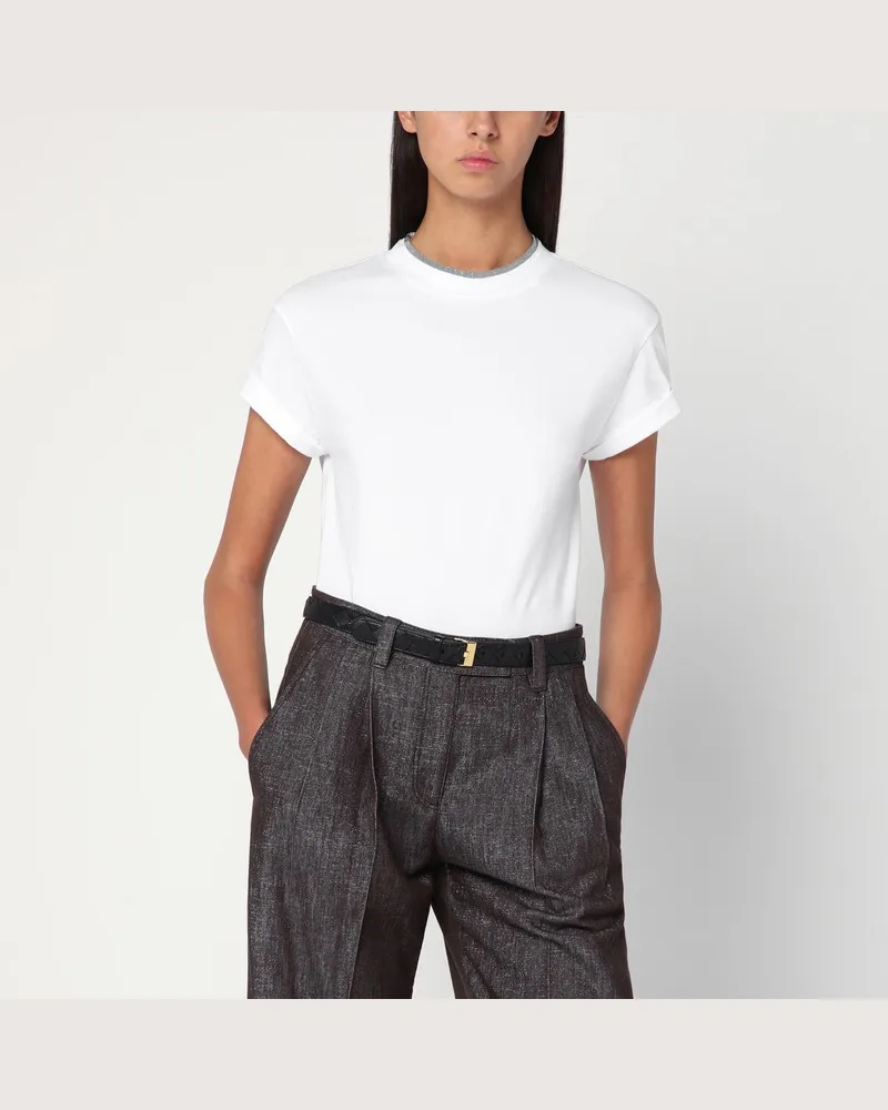 Brunello Cucinelli Weißes T-Shirt mit Rundhalsausschnitt und Anhänger Weiß