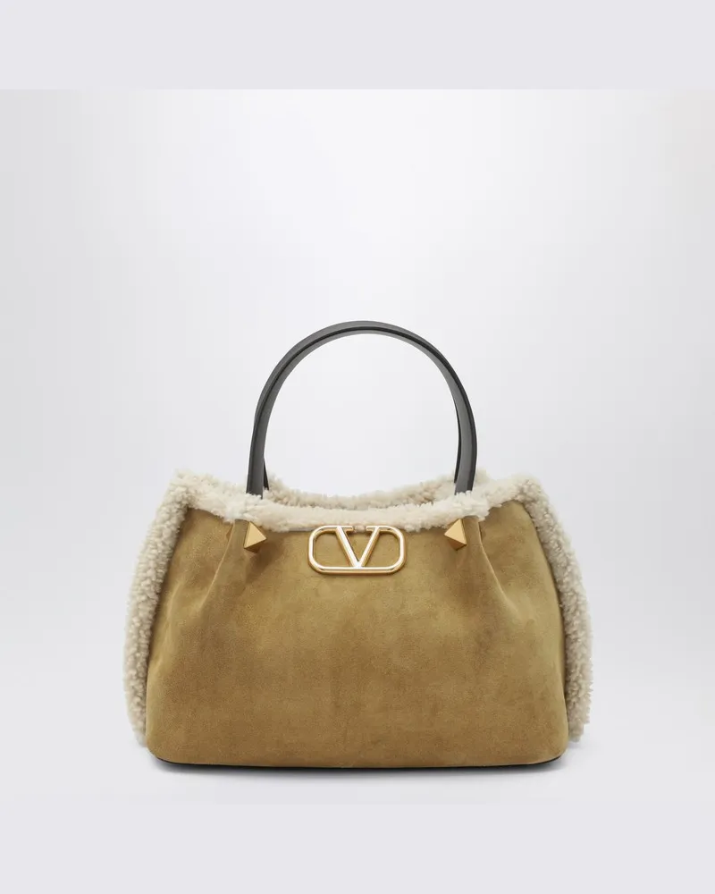 Valentino Garavani VLogo Small Tasche aus beigem Wildleder Beige