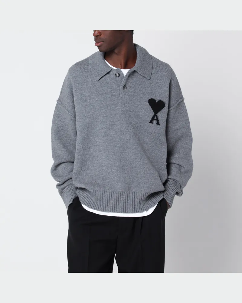 AMI Paris Grauer Ami de Coeur Polopullover aus Wolle Grey