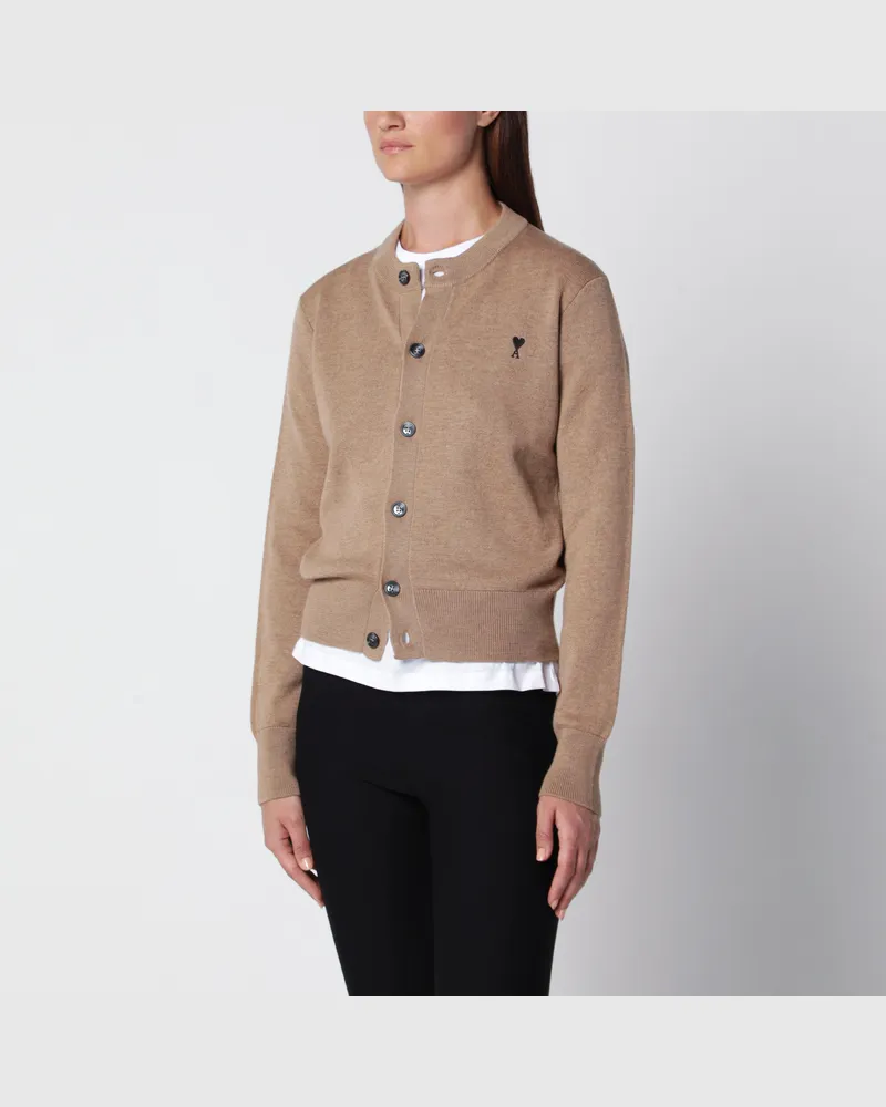 AMI Paris Camelbraune Ami De Coeur Strickjacke aus Wolle Beige