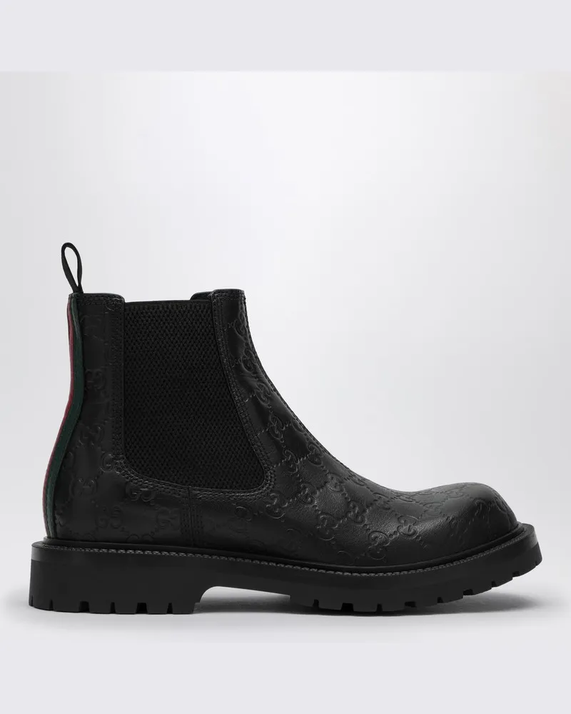 Gucci Schwarze Stiefelette aus Leder mit Web-Detail Grau