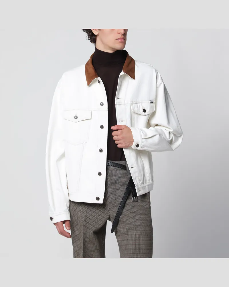 Prada Weiße Old-Denim-Jacke mit Lederdetails White