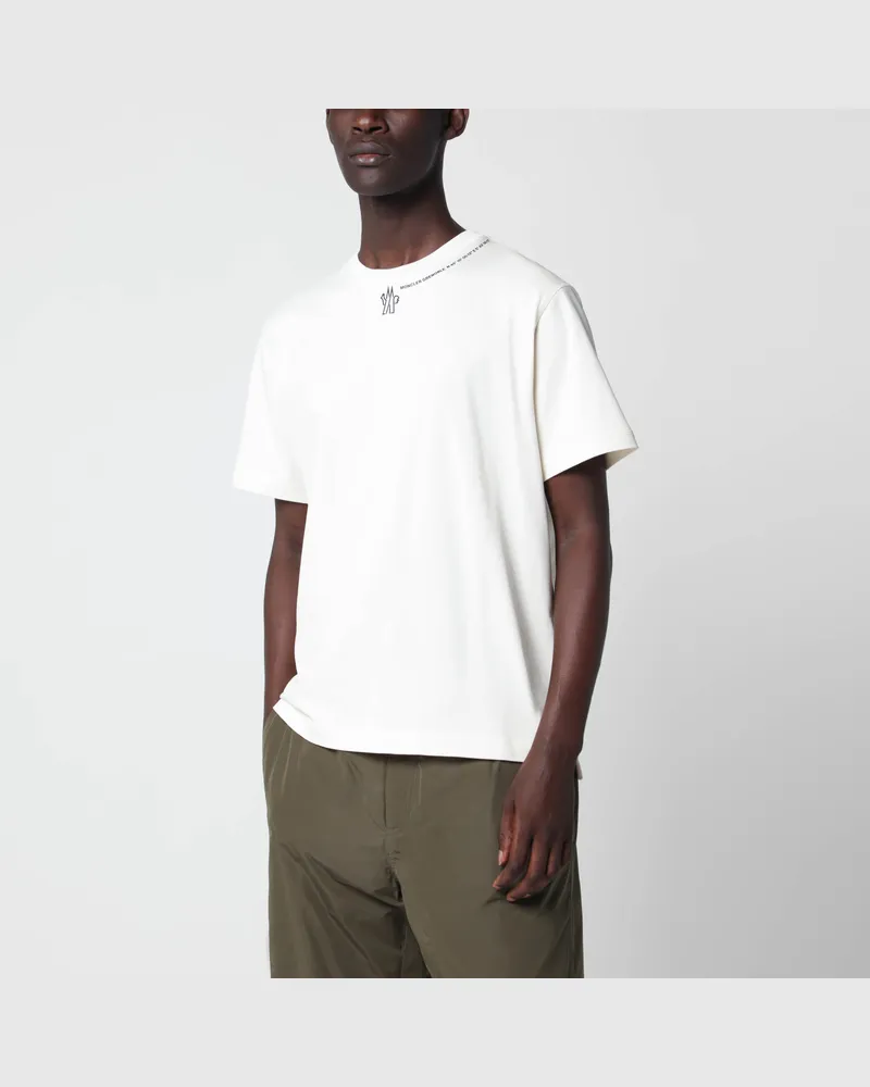 Moncler Elfenbeinfarbenes T-Shirt aus Baumwolle mit Logo und Koordinaten White