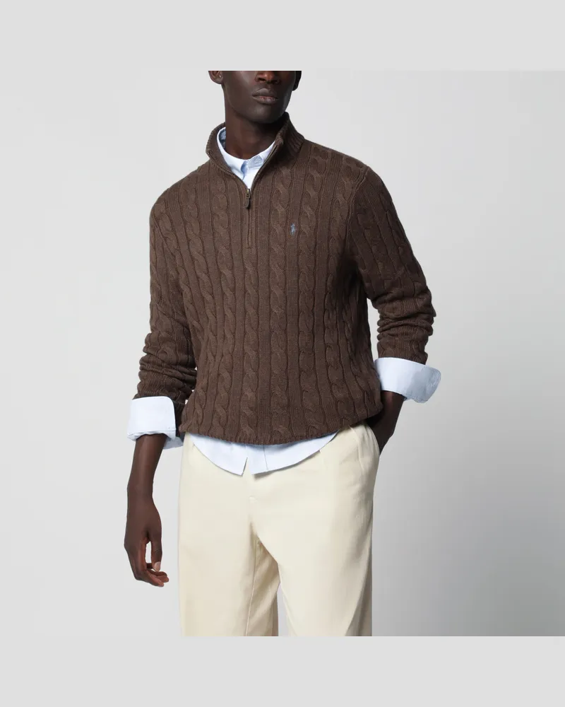 Ralph Lauren Brauner Baumwollpullover mit Viertelreißverschluss Multicolor