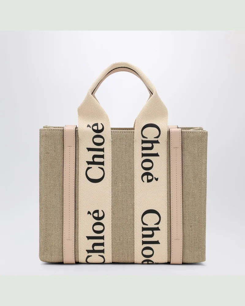 Chloé Kleine Woody-Tasche aus beigem Leinen Pink