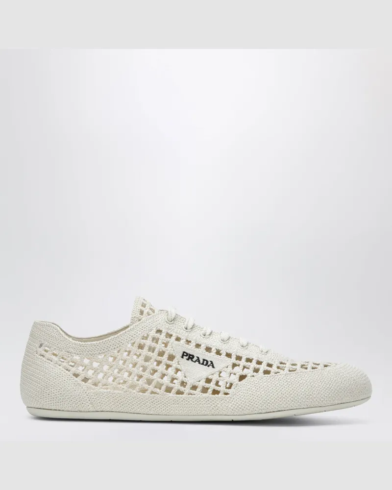 Prada Collapse Sneaker aus gehäkeltem Strick in Elfenbein White