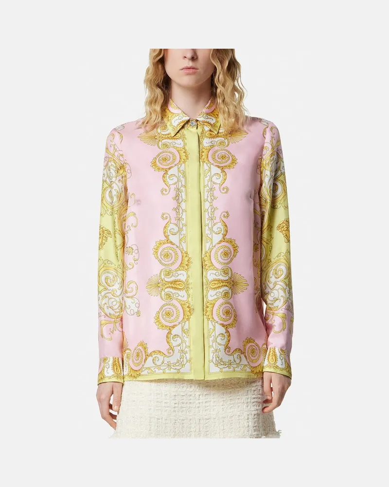 Versace Hemd aus bedrucktem Seidentwill in Gelb/Rosa Mehrfarbig
