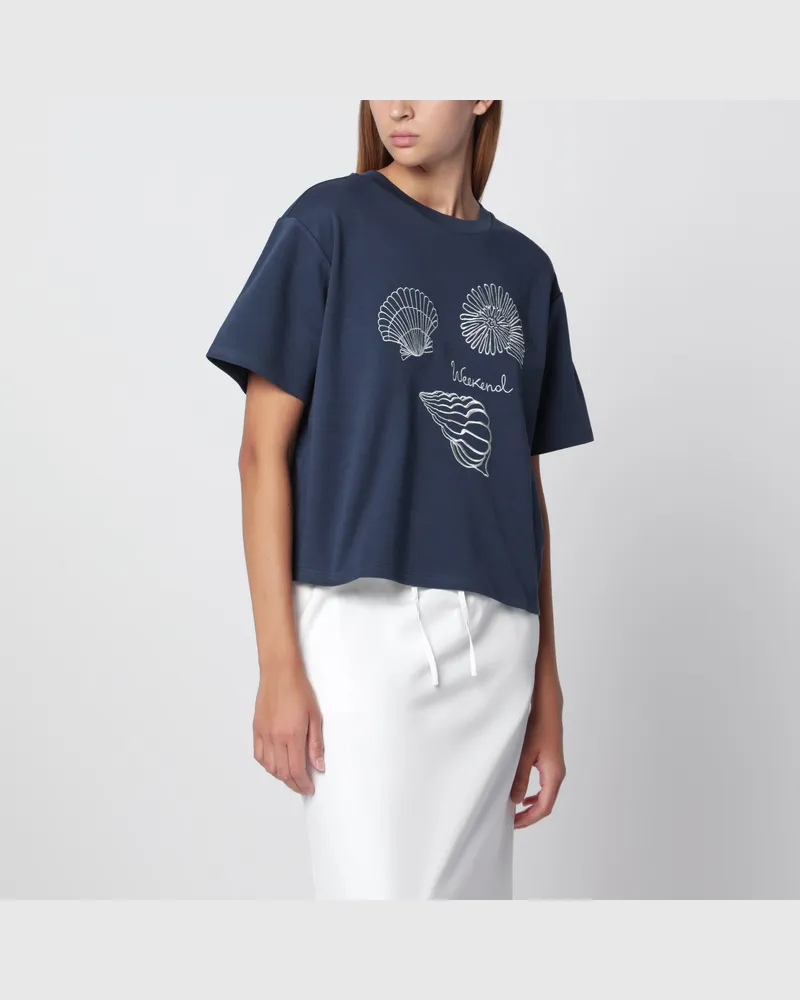 Max Mara Blaues Baumwolljersey-T-Shirt mit Stickereien Blue