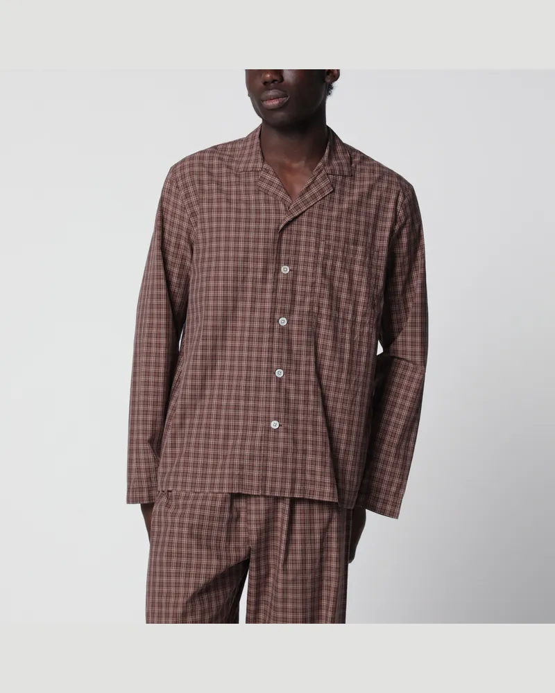 TEKLA Serra-colored cotton pajama shirt with check pattern Brown