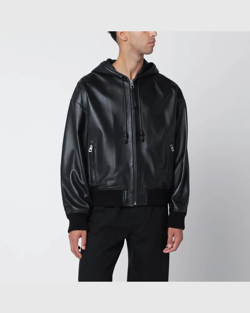 Loewe Schwarze Lederjacke mit Kapuze Schwarz
