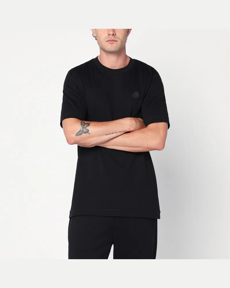 Moncler Schwarzes Baumwoll-T-Shirt mit Logo-Patch Schwarz
