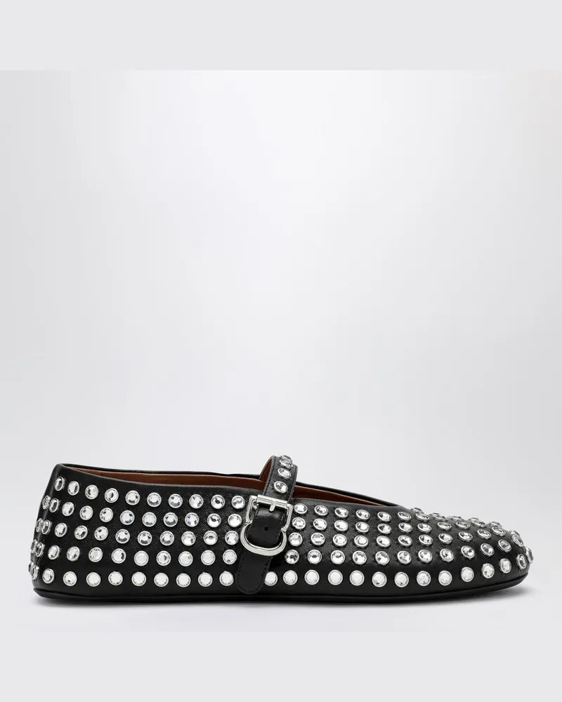 Alaïa Schwarzer Lederballerina mit Kristallen Schwarz