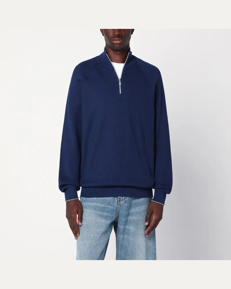 Brunello Cucinelli Blau-grauer Strickpullover aus Baumwolle Blau