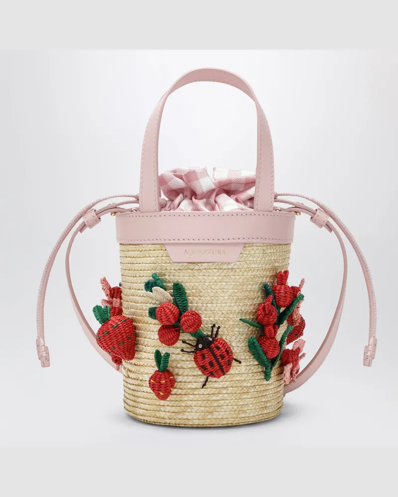 Aquazzura Mini-Bucket-Bag Botanica aus Raffia und Leder Pink