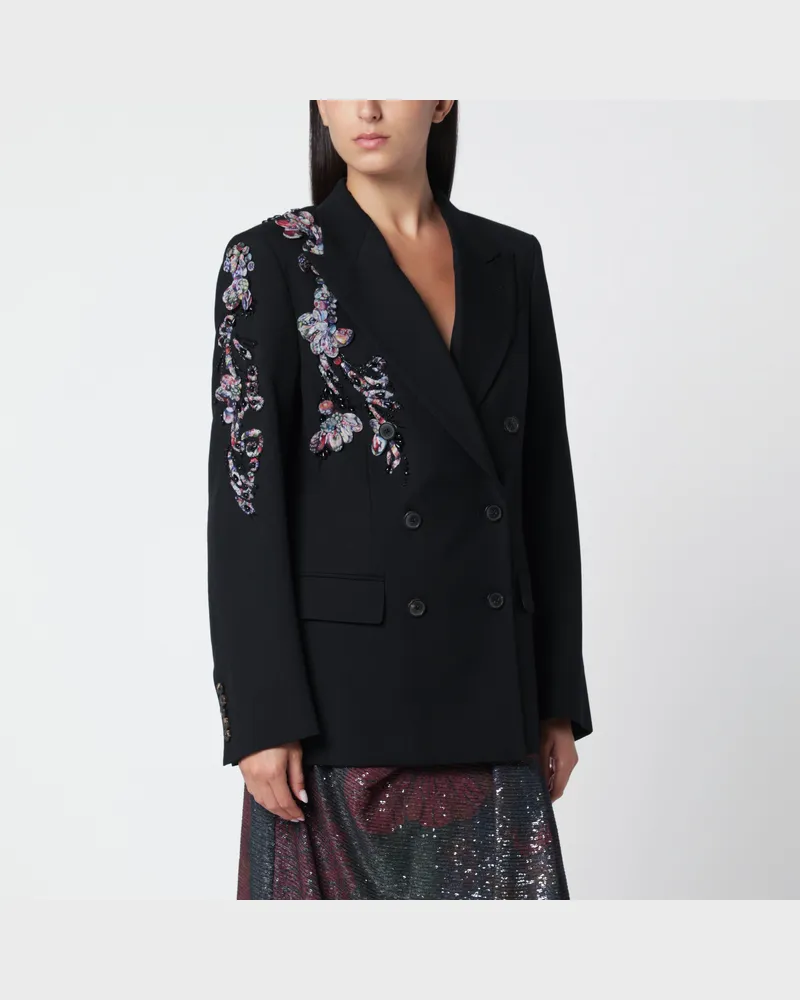 Dries van Noten Black double-breasted jacket with floral sequinned appliqués Black
