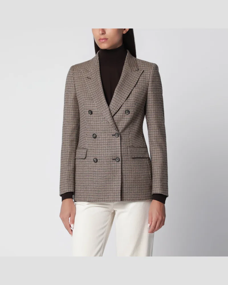 Tagliatore Doppelreihige Jacke in Tabakfarbe mit Hahnentrittmuster aus Wollmischung Brown