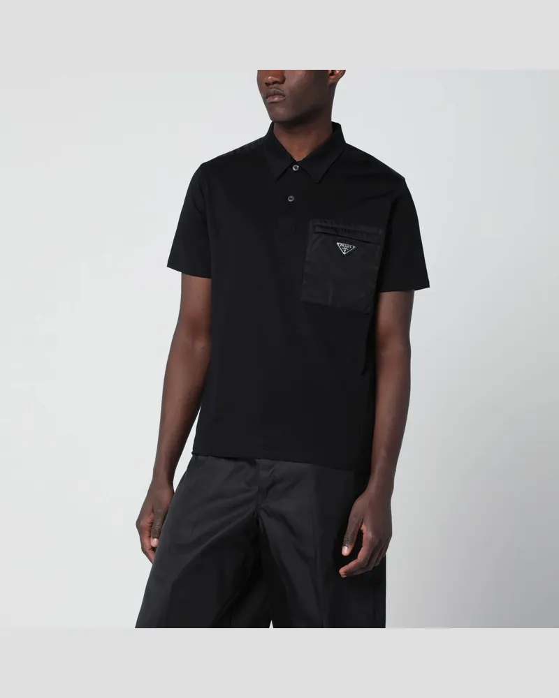 Prada Schwarzes Polohemd aus Stretch-Baumwolle und Re-Nylon Schwarz
