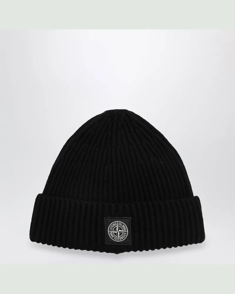 Stone Island Schwarze Wollmütze mit Compass-Patch Black