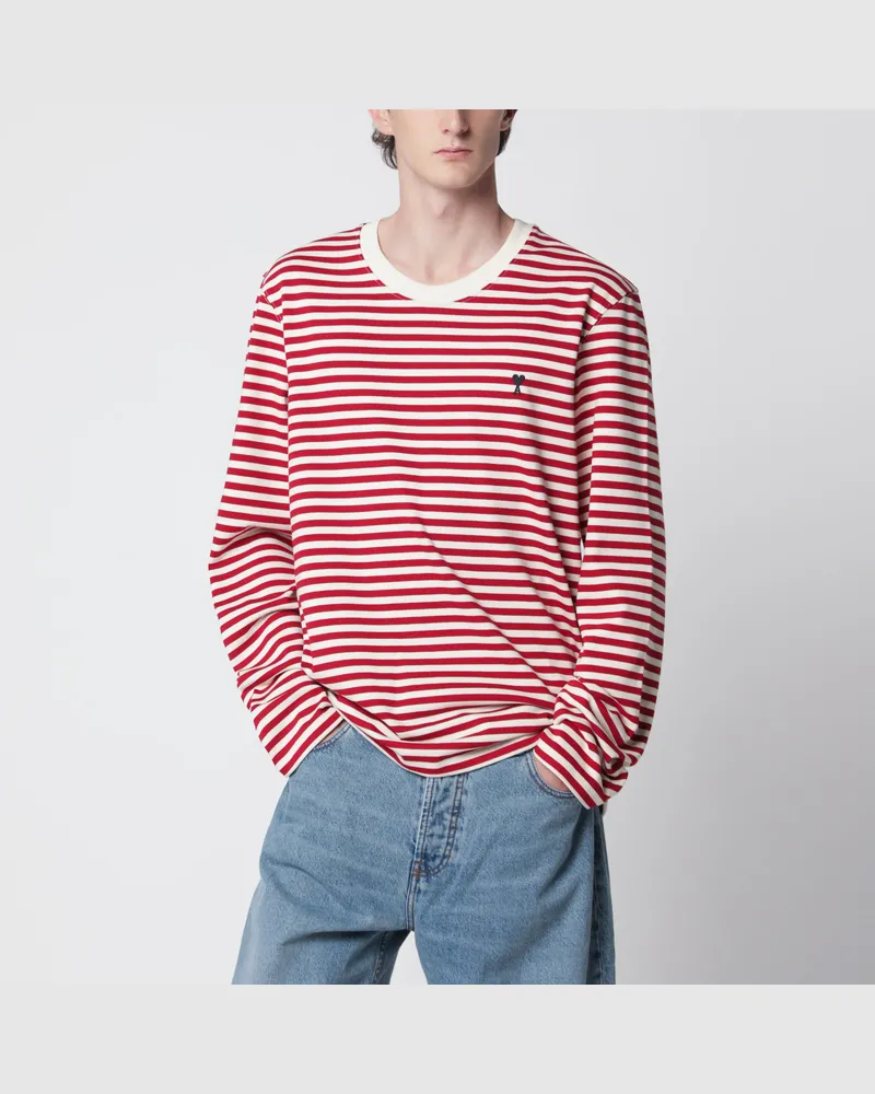 AMI Paris Rot / Elfenbein gestreiftes Ami De Coeur Langarm-T-Shirt Red