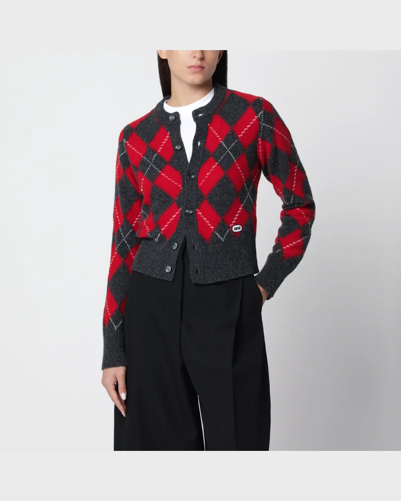 AMI Paris Red/grey Argyle-pattern cardigan in wool Grey