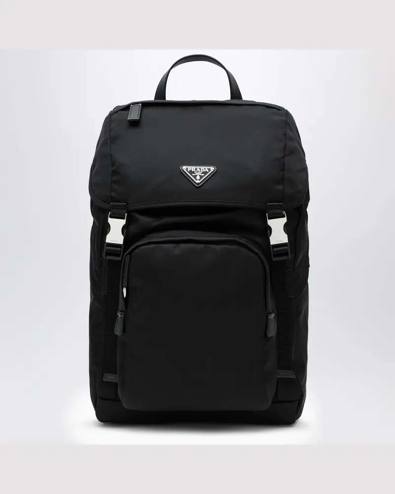 Prada Schwarzer Re-Nylon-Rucksack mit Druckknopfverschluss Black