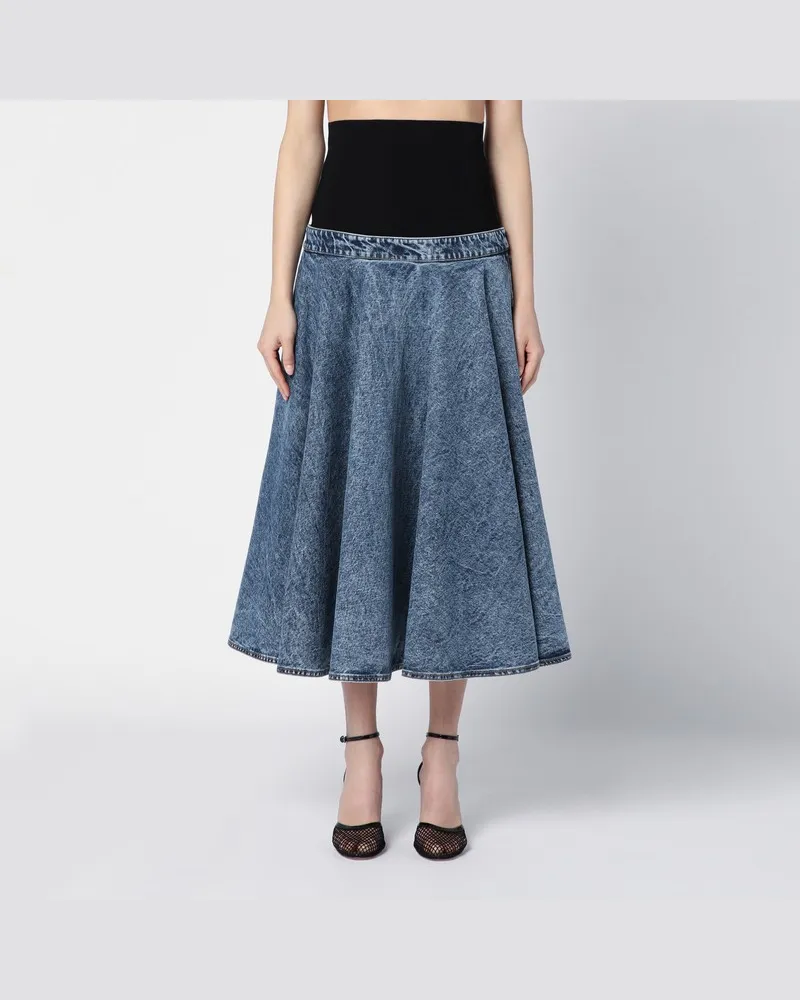 Alaïa Midirock aus Denim mit gestrickter Schärpe Blau